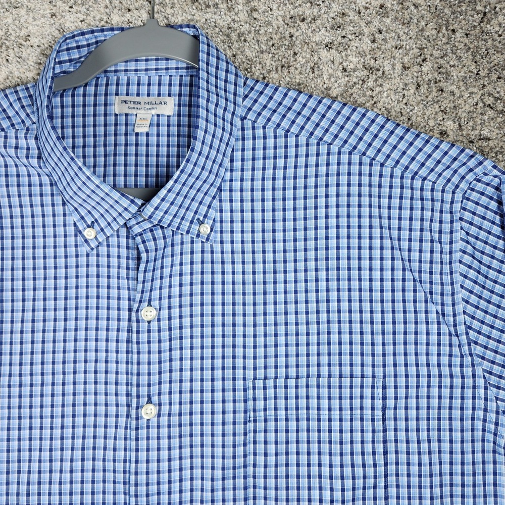 Peter Millar Button Down Mens XXL Blue Gingham Performance Stretch Excellent